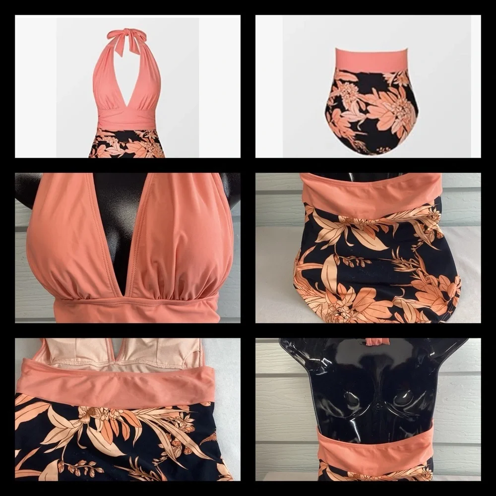 Peach top floral bottom one piece swimsuit.40-M/40-L - Picture 4 of 6